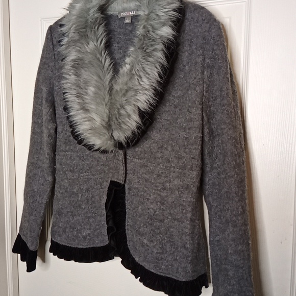 Roz & Ali Gray Wool Velvet Trim Blazer Jacket Coat w/Faux Fur Collar Siz… - Picture 7 of 9